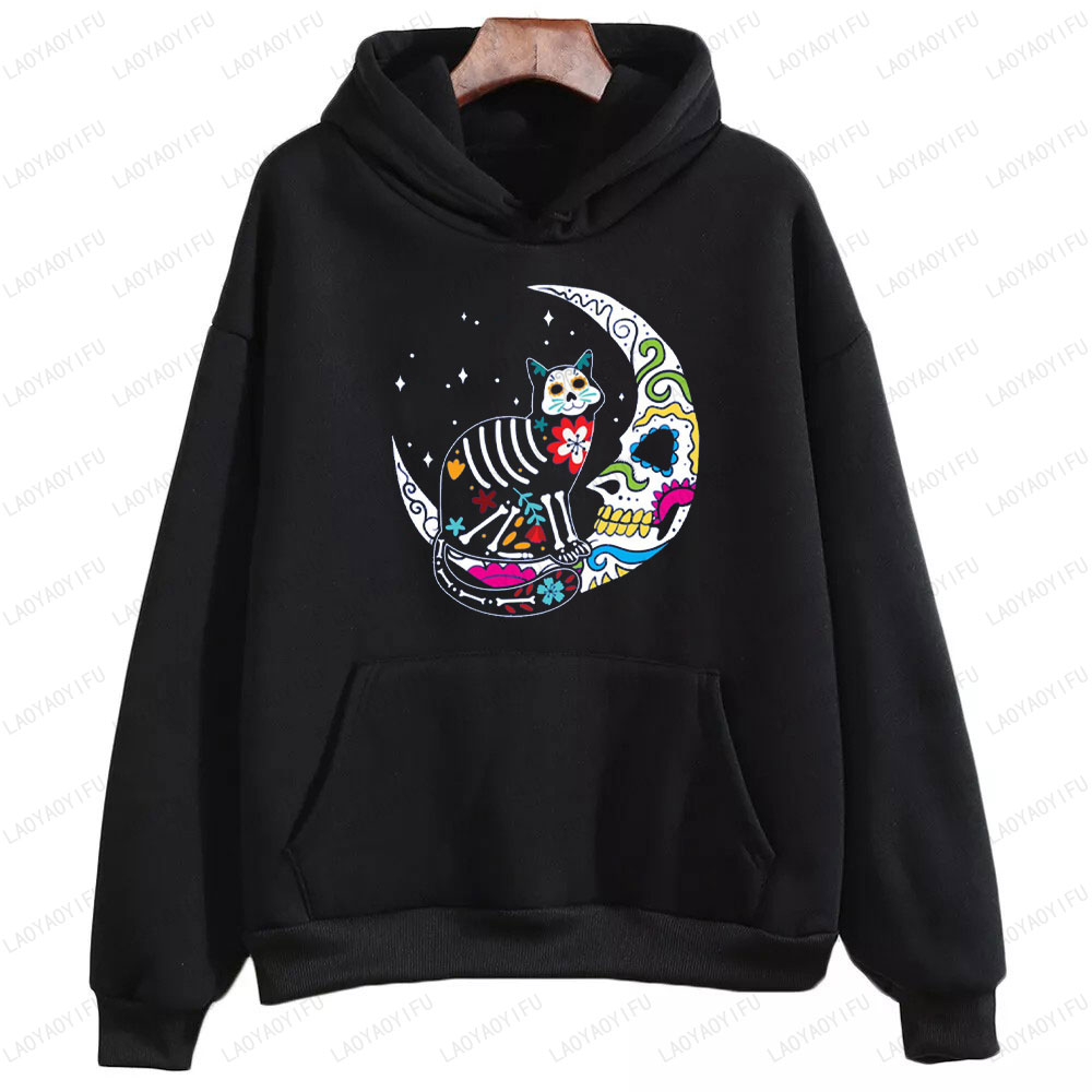 Men'S Fashion For 70 Year Old - Skelett Katze und Totenkopf Mond Tag