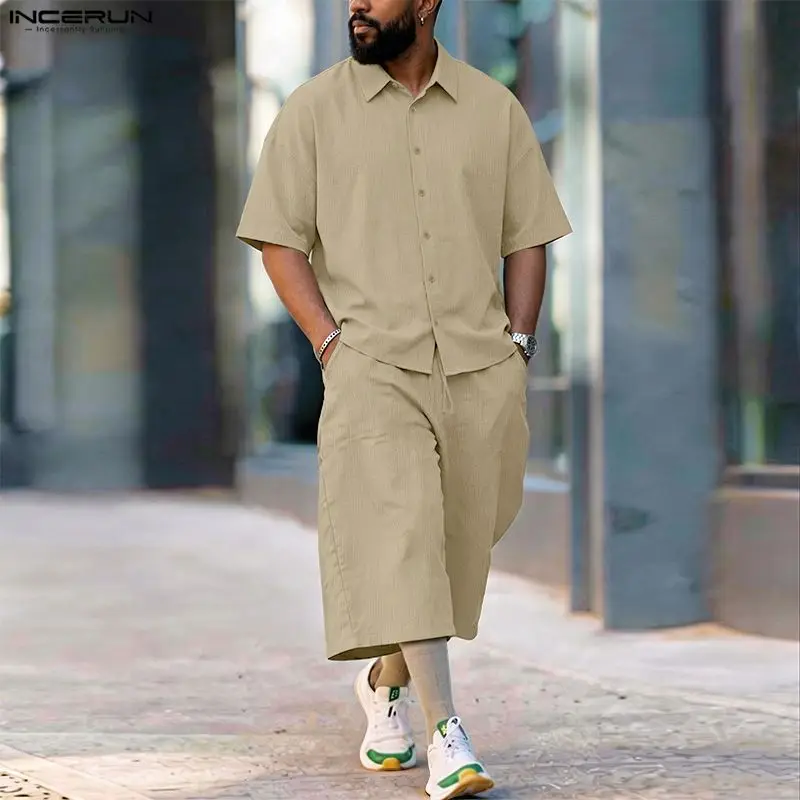 Men'S Fashion Loose Pants - INCERUN Herren-Sets: Einfarbiges Revers-Kurzarmhemd mit Hose,