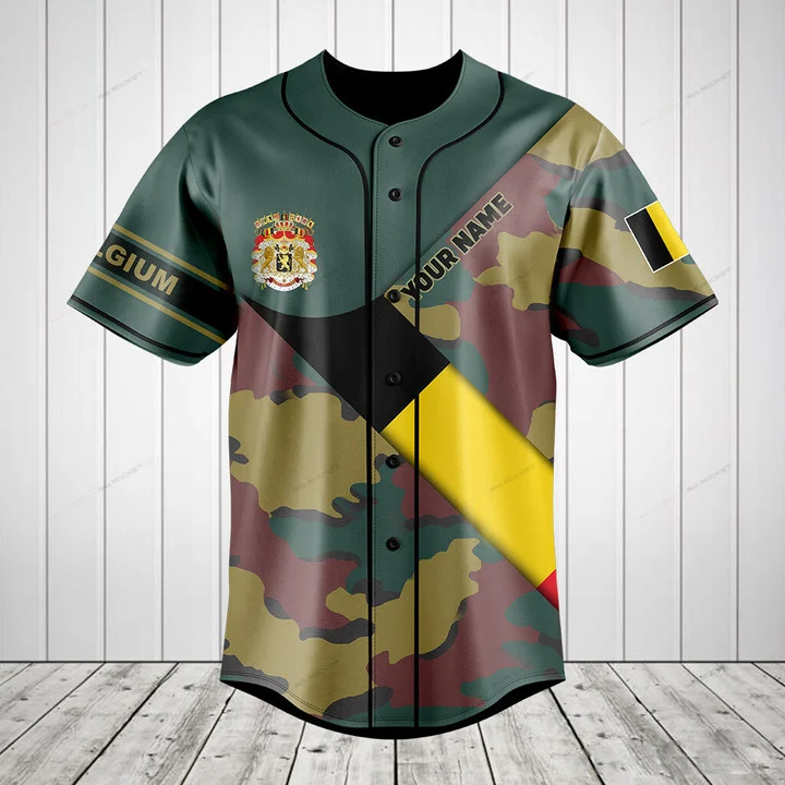 Men'S Fashion Names - Benutzerdefinierter Name Belgien-Flagge Tarnmuster Grafik-Knopfhemd Sommer
