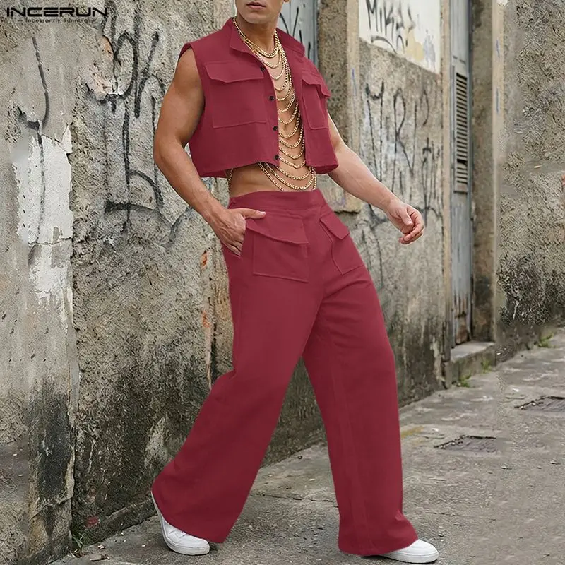 Men'S Fashion Loose Pants - INCERUN Herren-Sets Einfarbiges Ärmelloses Crop-Top Hemd