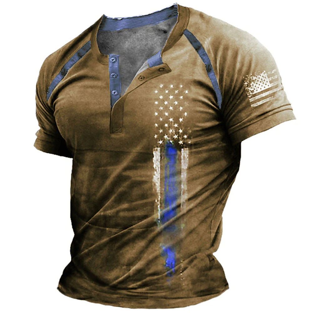 Men'S Fashion Undershirt - Lustiges 3D-amerikanische-Flaggen-Print Herren-Henley-Shirt, modisches Henley-Kragen-Kurzarmshirt, Sommer-Streetwear,