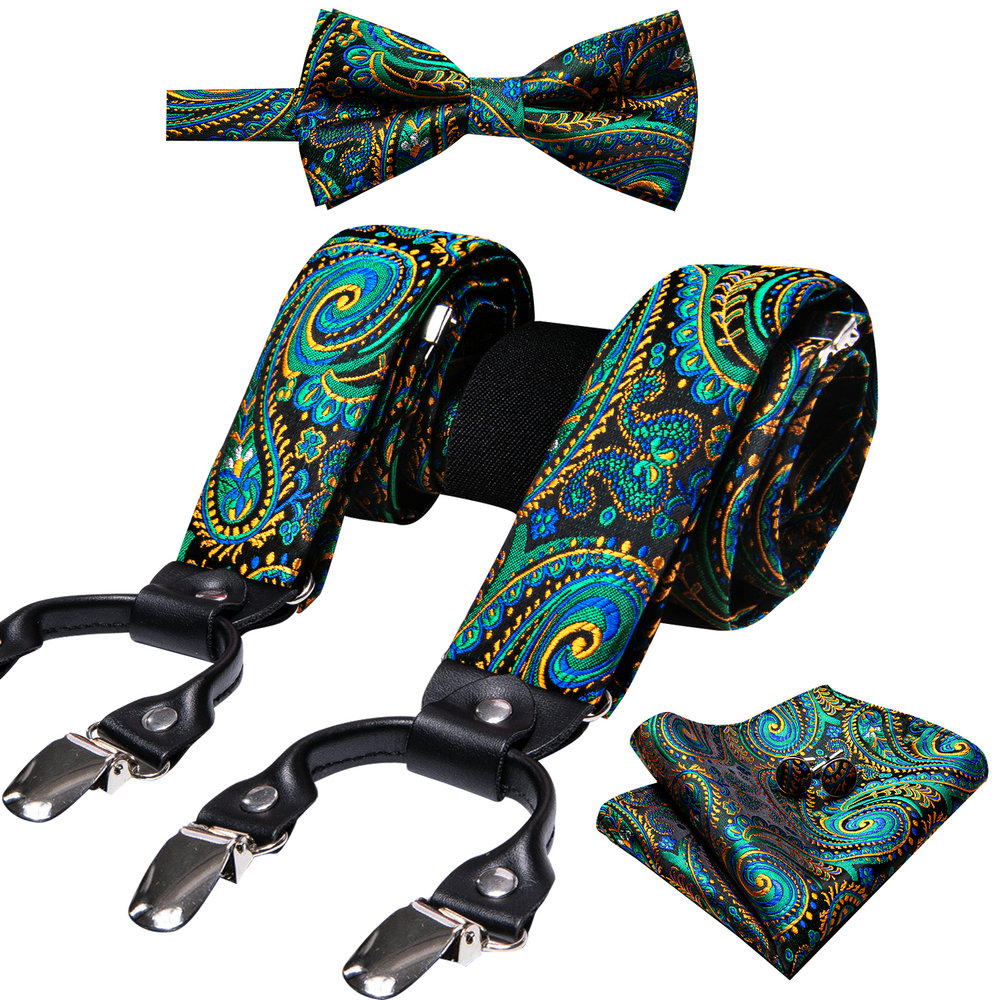 Suspenders Clip Men - Mode Paisley grüne Seide Männer Hosenträger