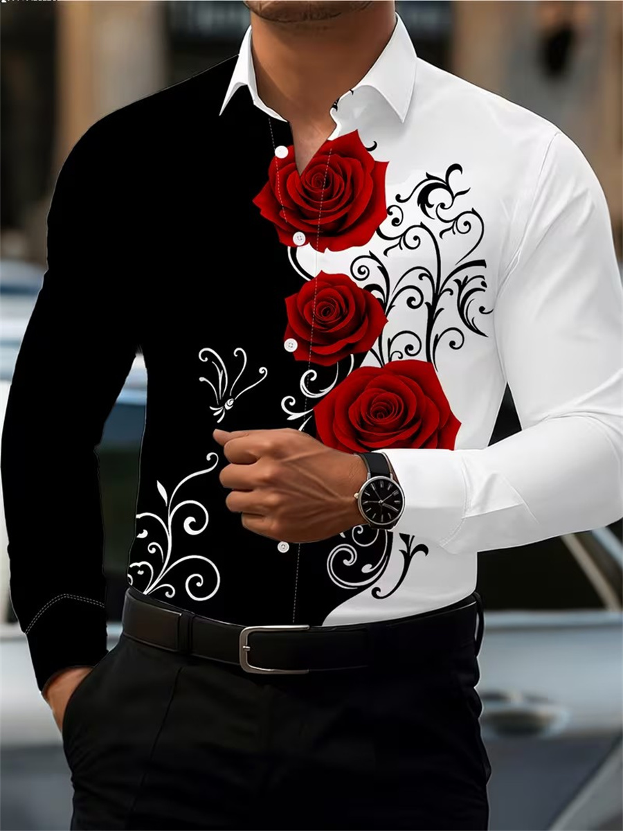 Men'S Tops Fashion - Herren Langarmhemd mit rotem Rosenmuster, modisch
